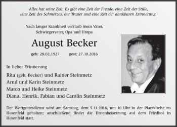 Traueranzeige von August Becker 