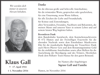Traueranzeige von Klaus Gall 