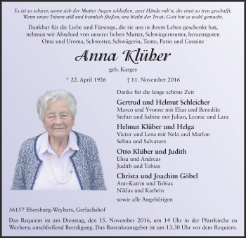 Traueranzeige von Anna Klüber 