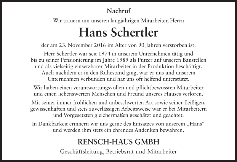  Traueranzeige für Hans Schertler vom 30.11.2016 aus 