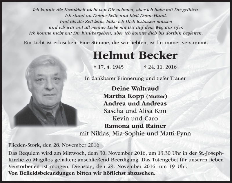  Traueranzeige für Helmut Becker vom 28.11.2016 aus 