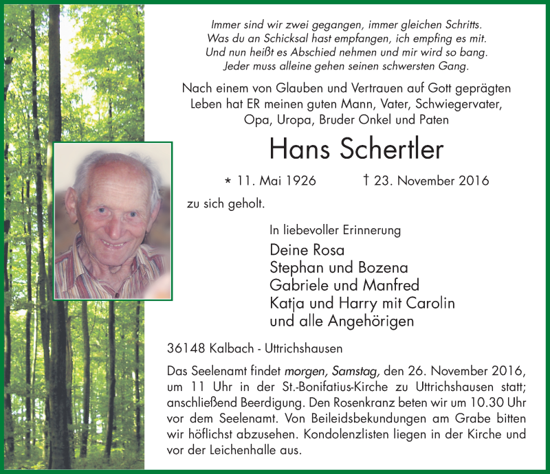  Traueranzeige für Hans Schertler vom 25.11.2016 aus 