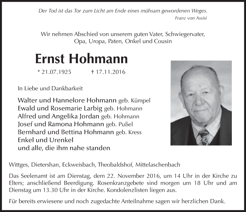  Traueranzeige für Ernst Hohmann vom 19.11.2016 aus 