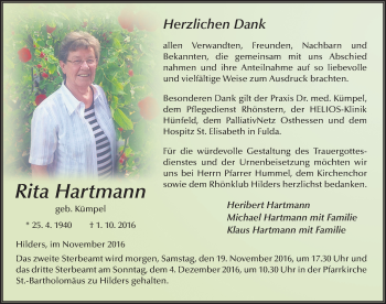 Traueranzeige von Rita Hartmann 