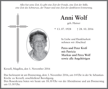 Traueranzeige von Anni Wolf 