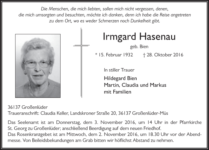  Traueranzeige für Irmgard Hasenau vom 01.11.2016 aus 