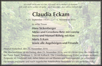 Traueranzeige von Claudia Eckam 