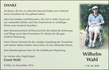 Traueranzeige von Wilhelm Wahl 