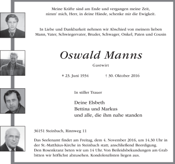 Traueranzeige von Oswald Manns 