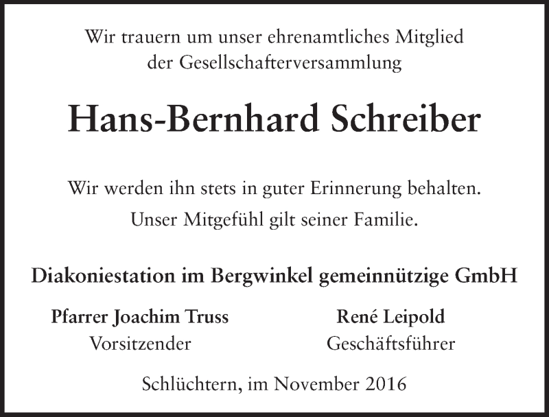  Traueranzeige für Hans-Bernhard Schreiber vom 30.11.2016 aus 