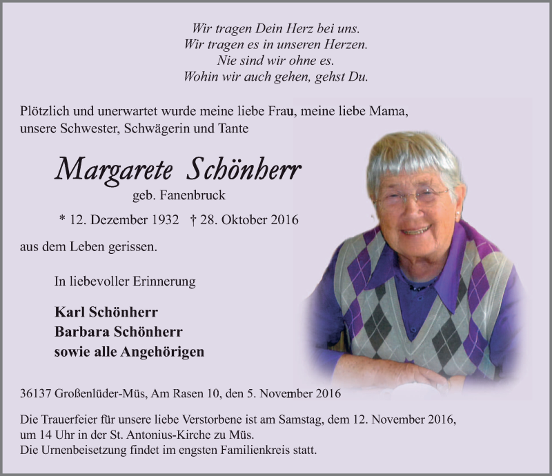  Traueranzeige für Margarete Schönherr vom 05.11.2016 aus 