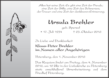 Traueranzeige von Ursula Brehler 
