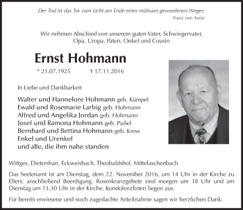 Traueranzeige von Ernst Hohmann 