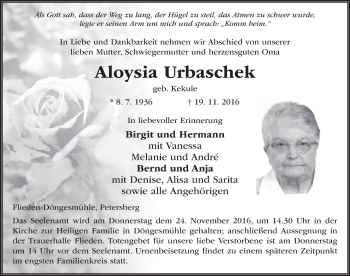 Traueranzeige von Aloysia Urbaschek 