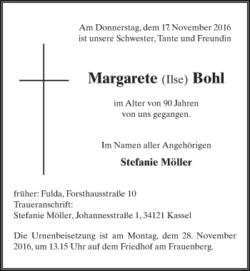 Traueranzeige von Margarete Ilse Bohl 