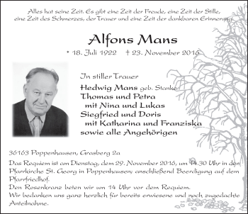 Traueranzeige von Alfons Mans 