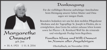 Traueranzeige von Margarethe Ommert 