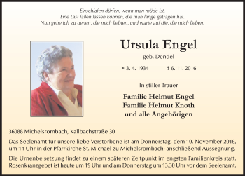 Traueranzeige von Ursula Engel 