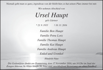 Traueranzeige von Ursel Haupt 
