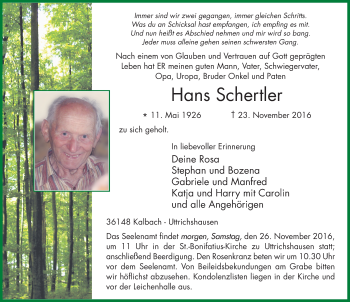 Traueranzeige von Hans Schertler 