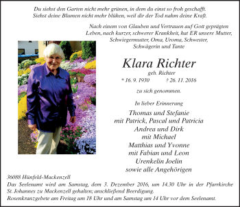 Traueranzeige von Klara Richter 