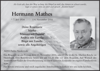 Traueranzeige von Hermann Mathes 