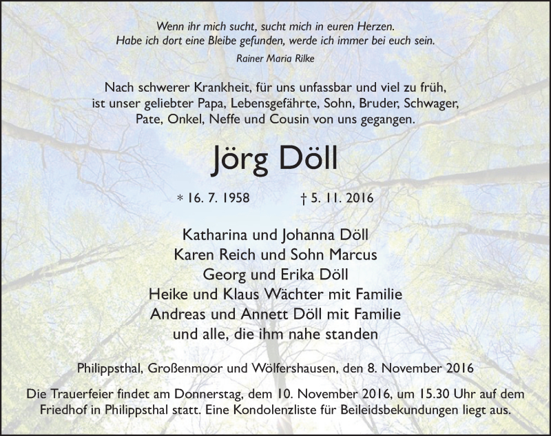  Traueranzeige für Jörg Döll vom 08.11.2016 aus 