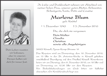 Traueranzeige von Marlene Blum 