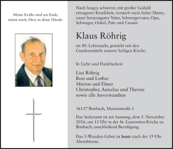 Traueranzeige von Klaus Röhrig 