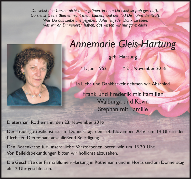  Traueranzeige für Annemarie Gleis-Hartung vom 23.11.2016 aus 