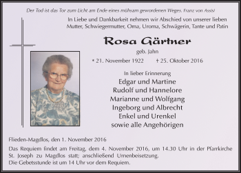 Traueranzeige von Rosa Gärtner 