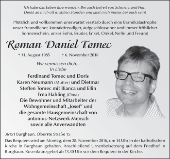 Traueranzeige von Roman Daniel Tomec 
