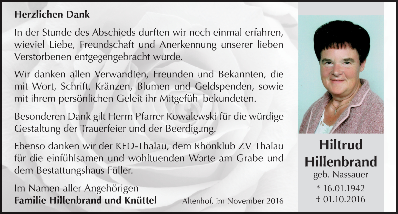  Traueranzeige für Hiltrud Hillenbrand vom 19.11.2016 aus 