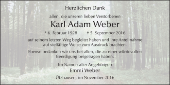 Traueranzeige von Karl Adam Weber 