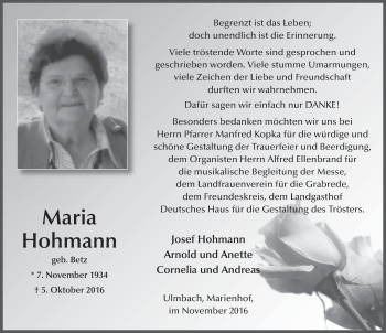 Traueranzeige von Maria Hohmann 