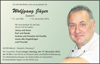 Traueranzeige von Wolfgang Jäger 