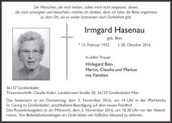 Traueranzeige von Irmgard Hasenau 