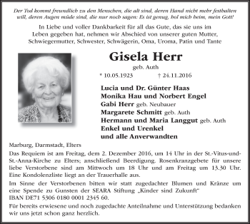 Traueranzeige von Gisela Herr 