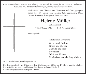Traueranzeige von Helene Müller 