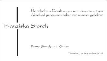 Traueranzeige von Franziska Storch 