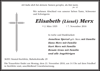 Traueranzeige von Elisabeth Merx 