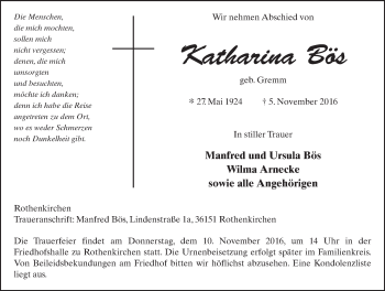 Traueranzeige von Katharina Bös 