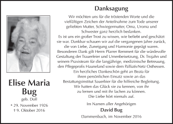 Traueranzeige von Elise Maria Bug 