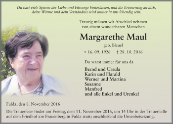 Traueranzeige von Margarethe Maul 