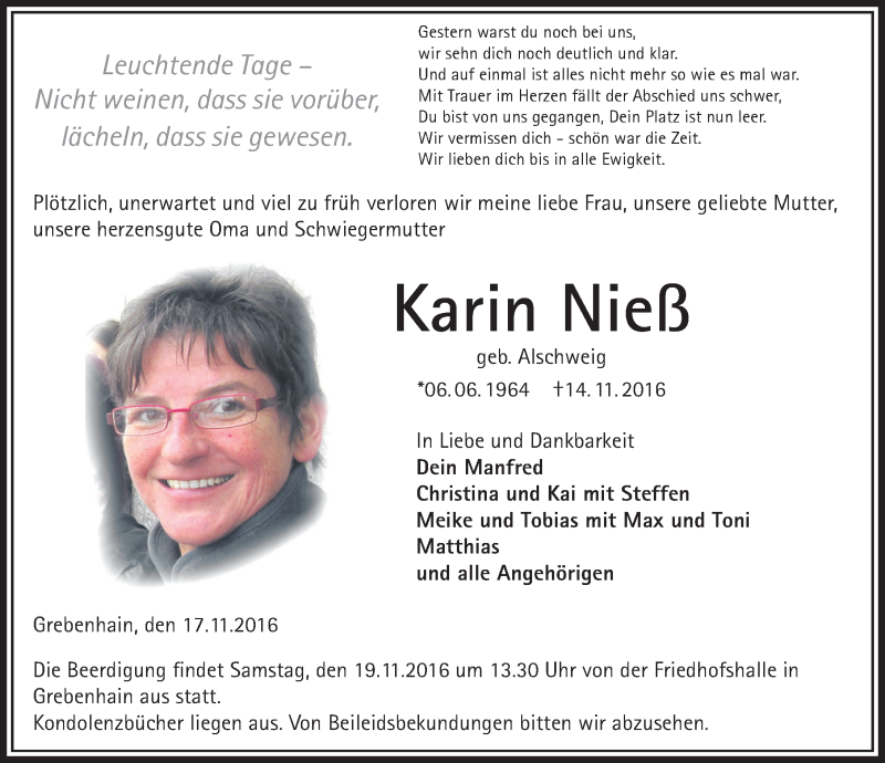  Traueranzeige für Karin Nieß vom 17.11.2016 aus 