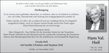 Traueranzeige von Hans Valentin Heil 