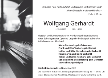 Traueranzeige von Wolfgang Gerhard 