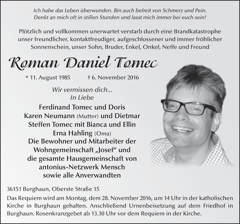  Traueranzeige für Roman Daniel Tomec vom 19.11.2016 aus 