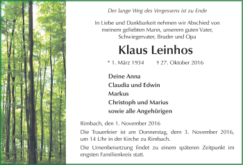 Traueranzeige von Klaus Leinhos 