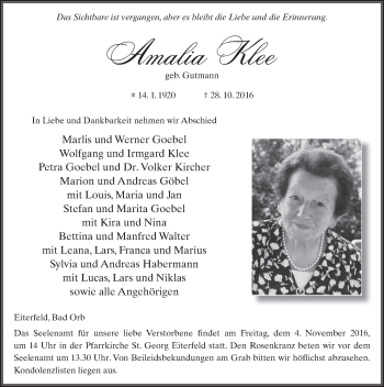 Traueranzeige von Amalia Klee 